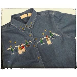 Vintage 1980s/1990s Holiday Snowman Christmas Denim Shirt